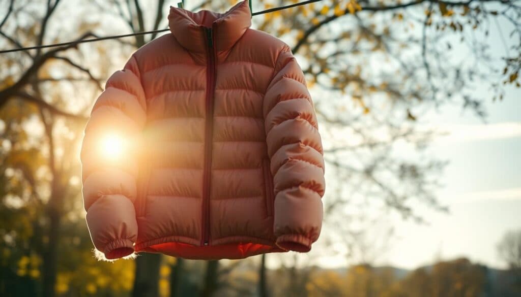Daunenjacke an der Leine trocknen Daunenjacke an der Leine trocknen