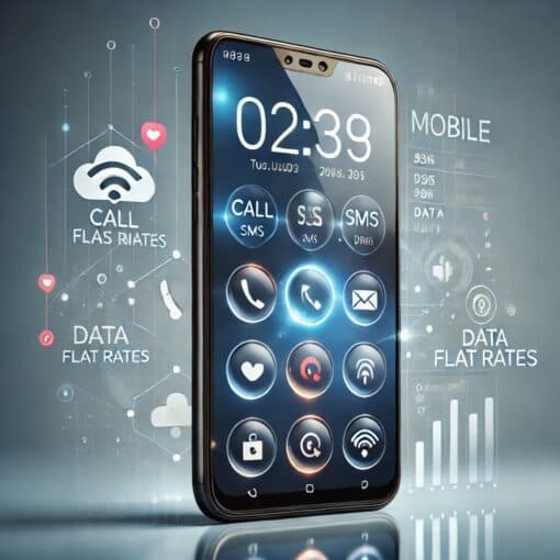 Ein modernes Smartphone mit einem klaren Display, das einen Mobilfunktarif mit verschiedenen Optionen wie Telefon-, SMS- und Datenflatrates anzeigt.