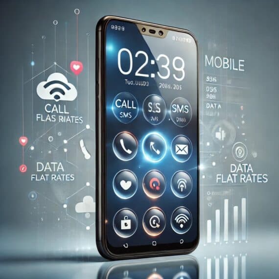 Ein modernes Smartphone mit einem klaren Display, das einen Mobilfunktarif mit verschiedenen Optionen wie Telefon-, SMS- und Datenflatrates anzeigt.