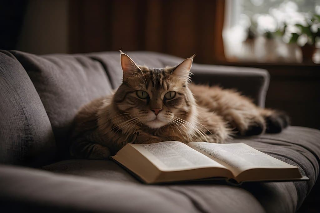 Eine Person entspannt sich auf einem Sofa mit einem Buch, eine Katze sitzt daneben, was die Bedeutung von Selbstfürsorge und dem Finden von Komfort in der Einsamkeit unterstreicht.