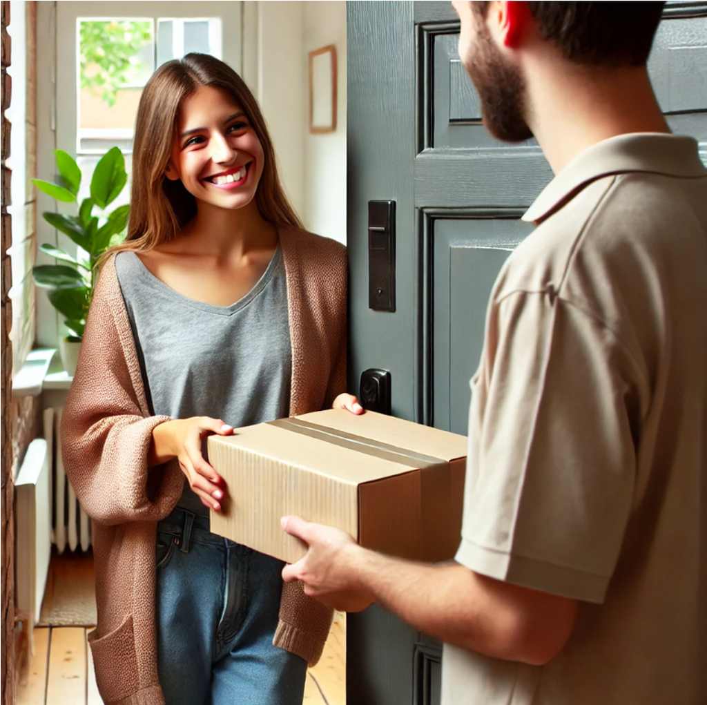 Ein Nachbar lächelt freundlich, während er ein Paket in einem Apartmentflur überreicht, symbolisierend die Bedeutung von Nachbarschaftskontakten gegen Einsamkeit.