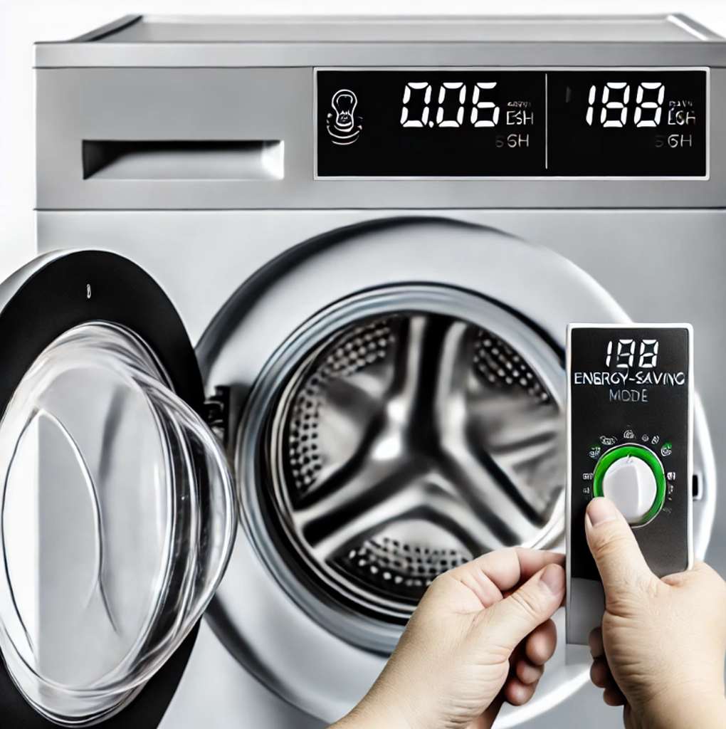 Eine Person lädt eine Waschmaschine und stellt den Energiesparmodus ein. Die Waschmaschine ist modern und energieeffizient, um den Stromverbrauch zu reduzieren.