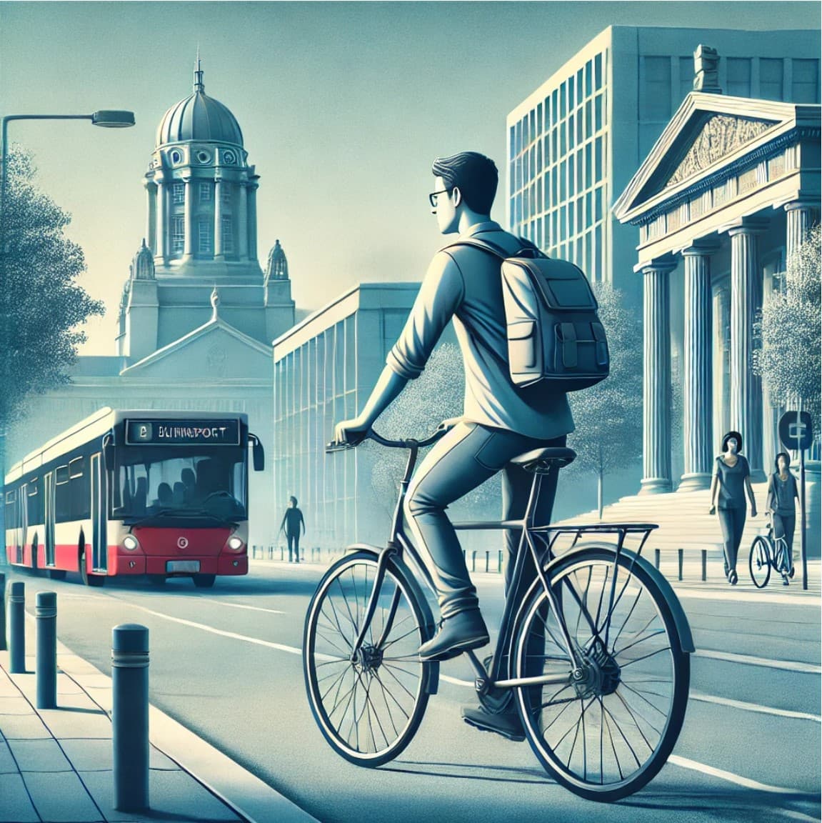 Ein Student fährt mit dem Fahrrad durch eine Stadt, vorbei an Universitätsgebäuden und öffentlichen Verkehrsmitteln.