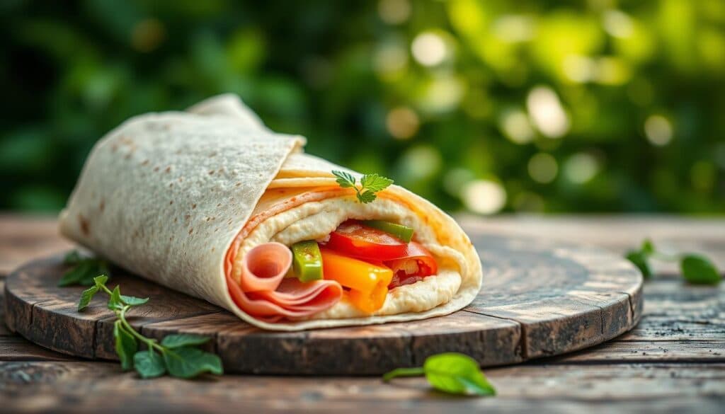 Wrap mit Prosciutto, Hummus und Paprika