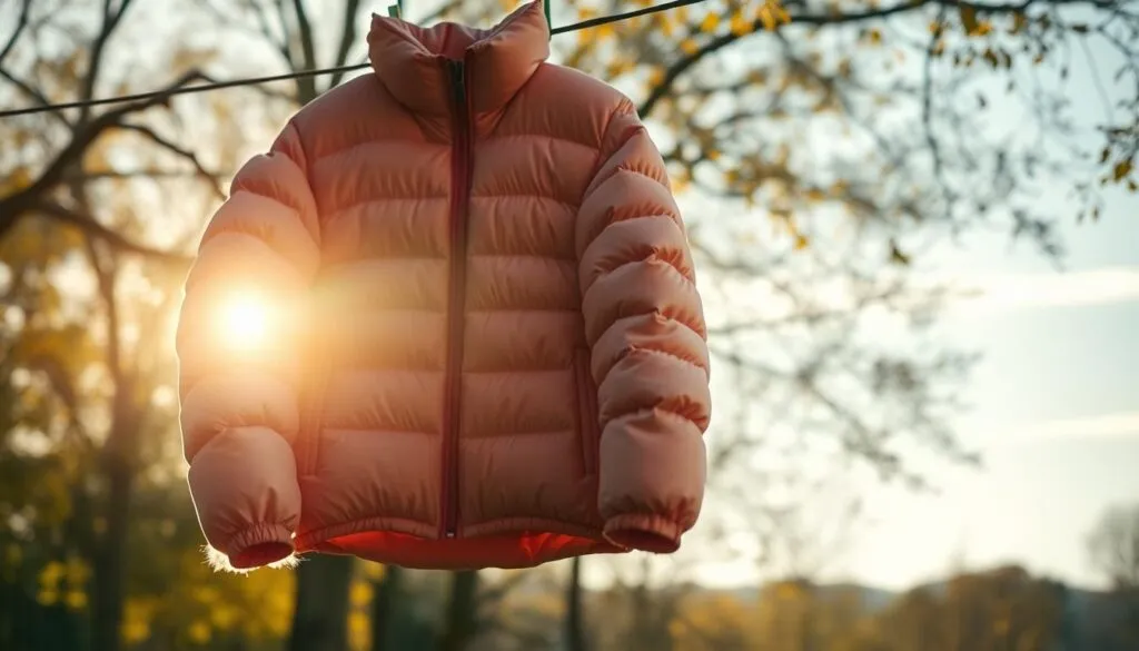Daunenjacke an der Leine trocknen