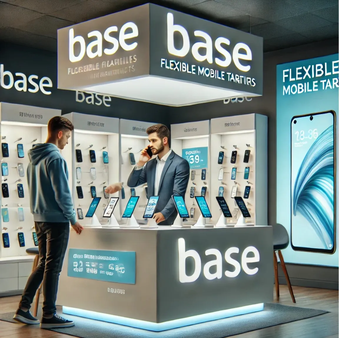 Ein BASE-Mobilfunkladen mit modernem Design, in dem verschiedene Smartphones ausgestellt sind.