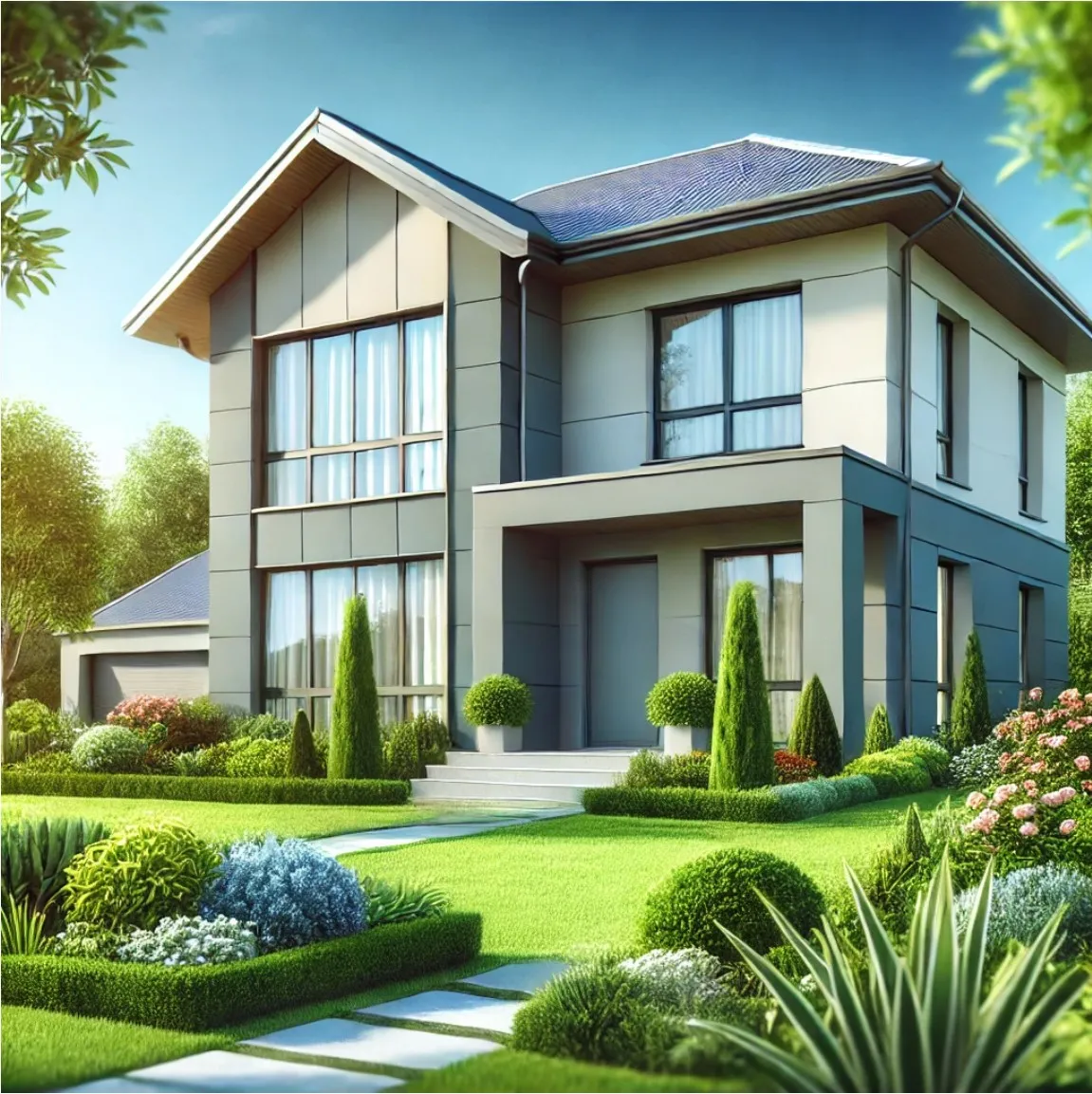 Ein modernes Haus mit großen Fenstern und einem gepflegten Garten. Der Rasen ist grün und gut geschnitten, mit einer kleinen, gepflasterten Einfahrt. 