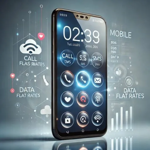 Ein modernes Smartphone mit einem klaren Display, das einen Mobilfunktarif mit verschiedenen Optionen wie Telefon-, SMS- und Datenflatrates anzeigt.