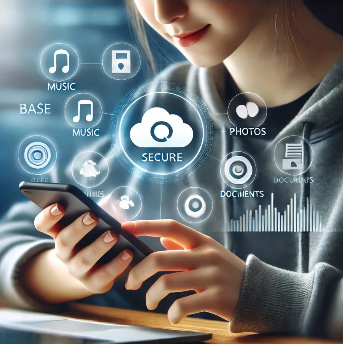 Eine junge Person, die ein Smartphone benutzt und auf einen Cloud-Speicher zugreift, um Dateien abzurufen.