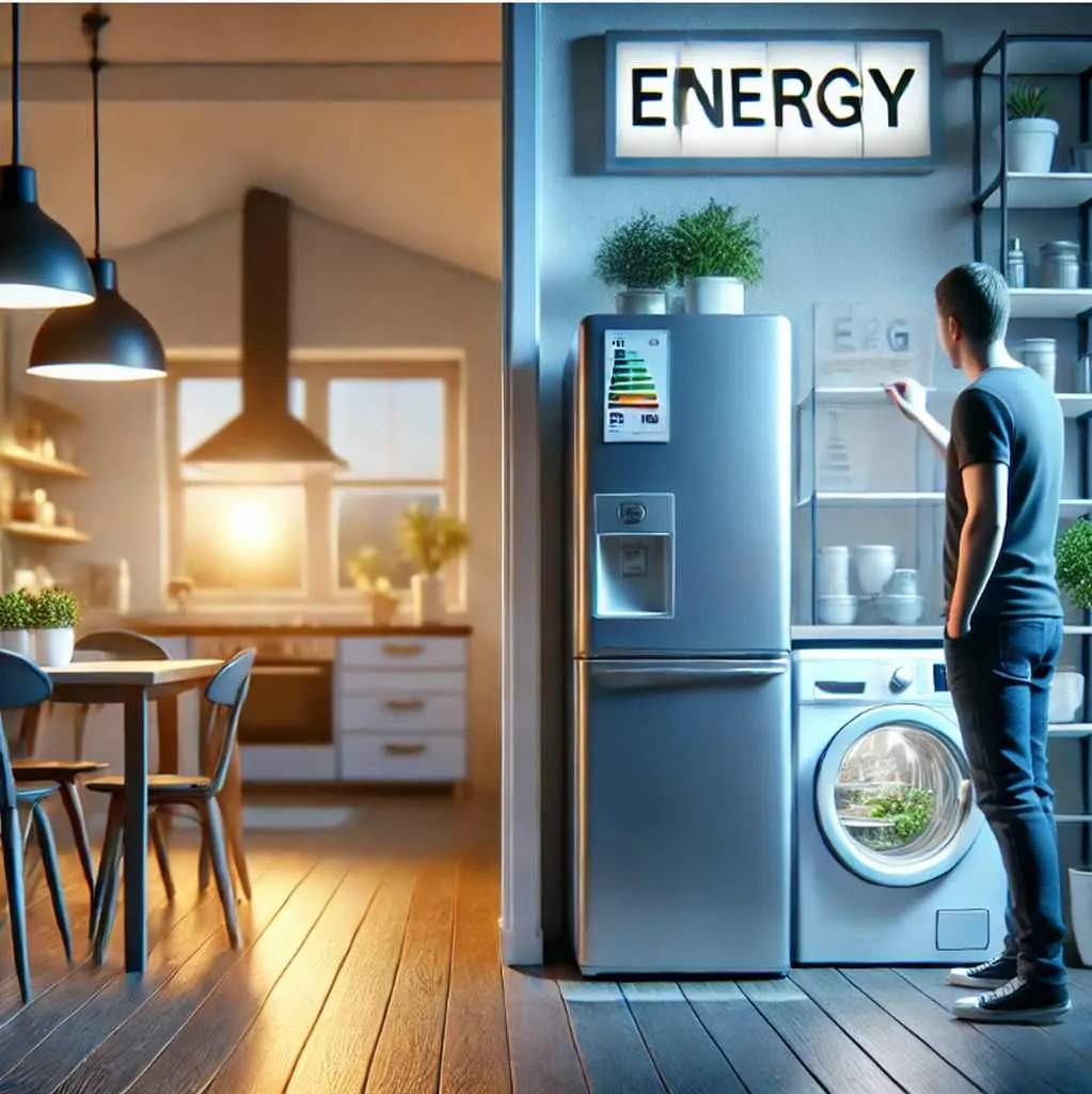 Moderne Single-Wohnung mit energieeffizienten Geräten, wie Kühlschrank und Waschmaschine. Eine Person überprüft das Energielabel eines neuen Geräts, um den Stromverbrauch zu senken.