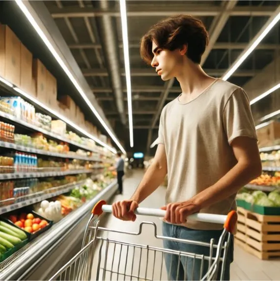 Eine Person in den 20ern, die im Supermarkt frische Produkte auswählt.