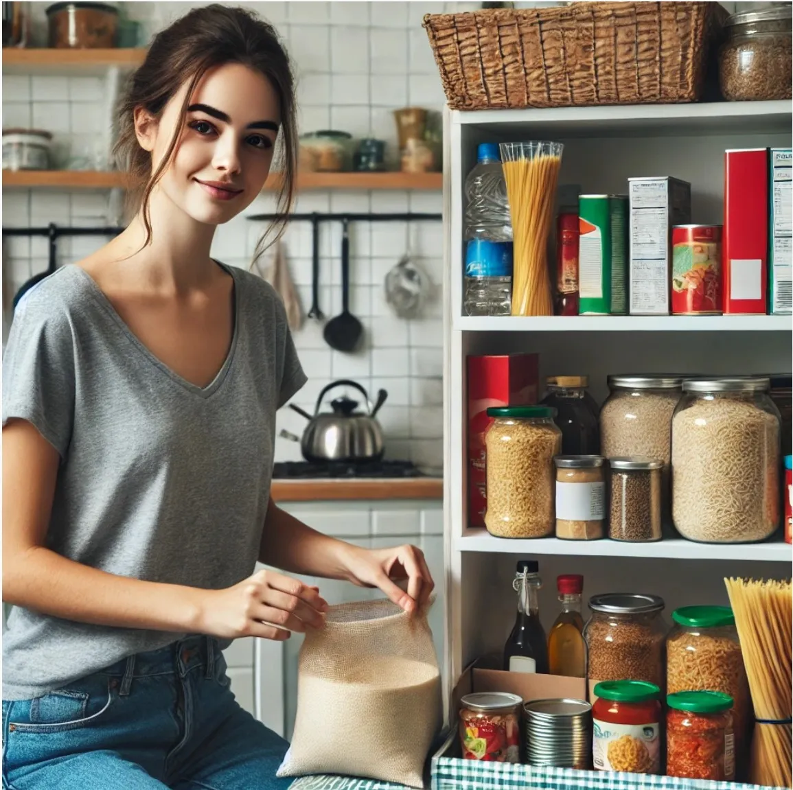 Eine Person packt in einer modernen Küche haltbare Lebensmittel aus Einkaufstüten aus, wie Reis, Pasta und Konserven, und organisiert sie für zukünftige Mahlzeiten.