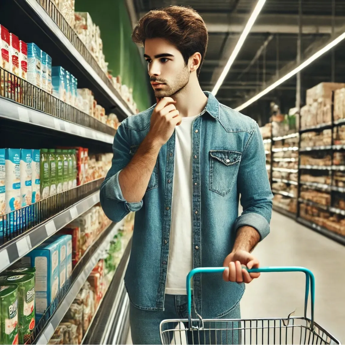 Ein Mann in den 20ern, der in einem Supermarkt zwei Produkte vergleicht, um eine Kaufentscheidung zu treffen.