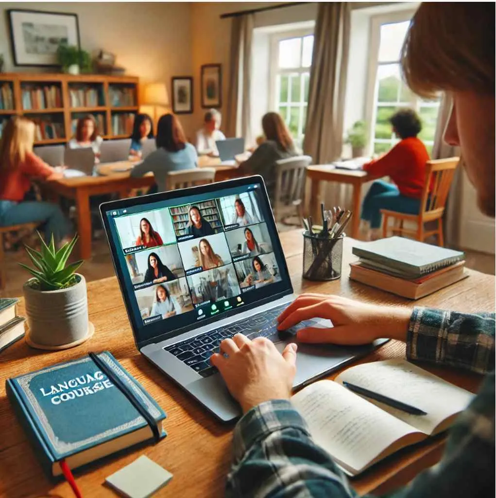 Eine Person sitzt an einem Schreibtisch und nimmt an einem Online-Sprachkurs teil, um Lernen und soziale Interaktion zu kombinieren.