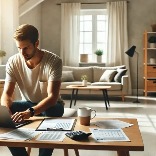 Eine einzelne Person arbeitet konzentriert an der Steuererklärung in einer modernen Wohnung.