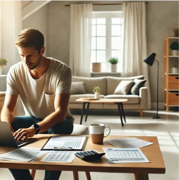 Eine einzelne Person arbeitet konzentriert an der Steuererklärung in einer modernen Wohnung.