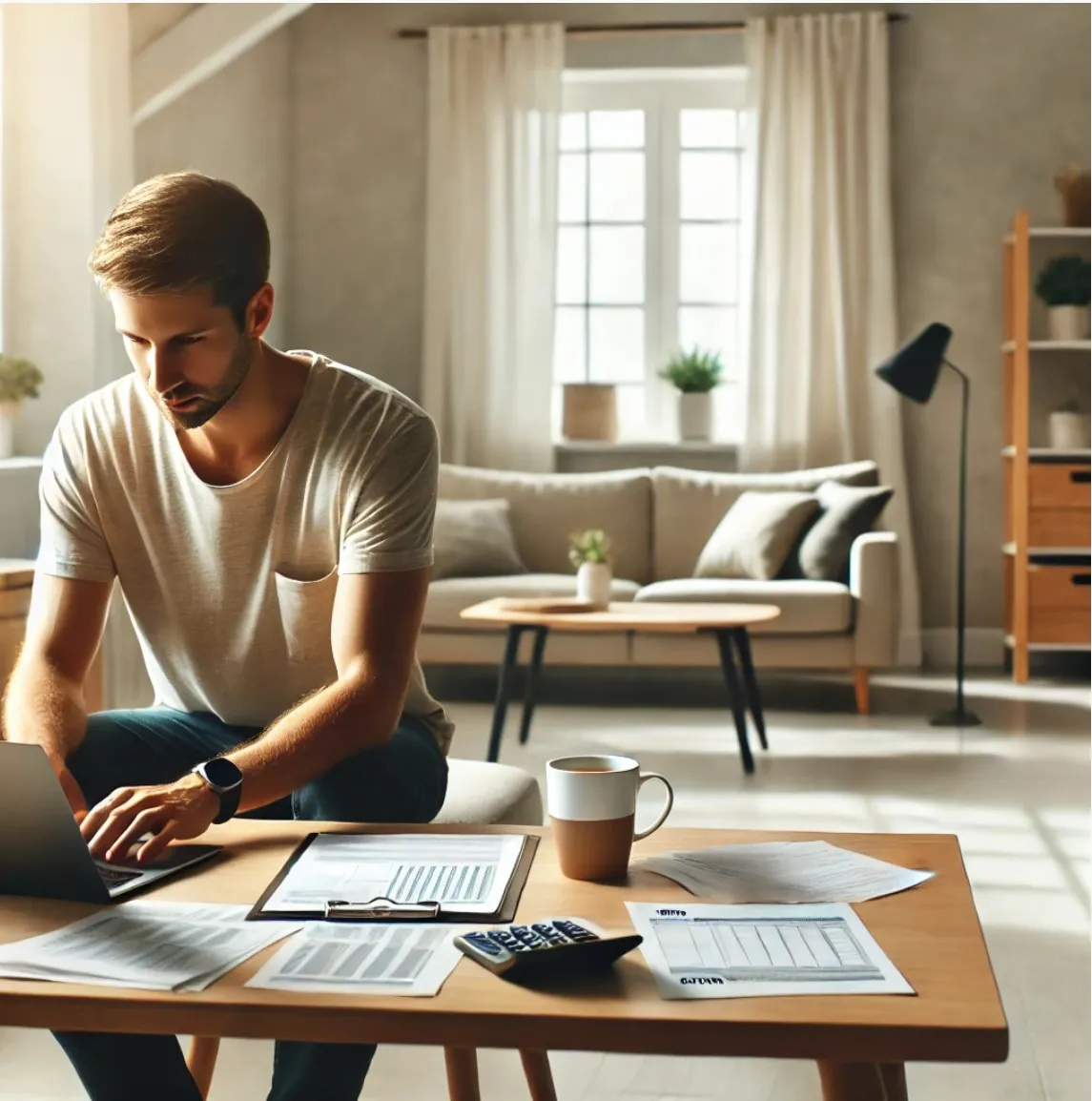Eine einzelne Person arbeitet konzentriert an der Steuererklärung in einer modernen Wohnung.