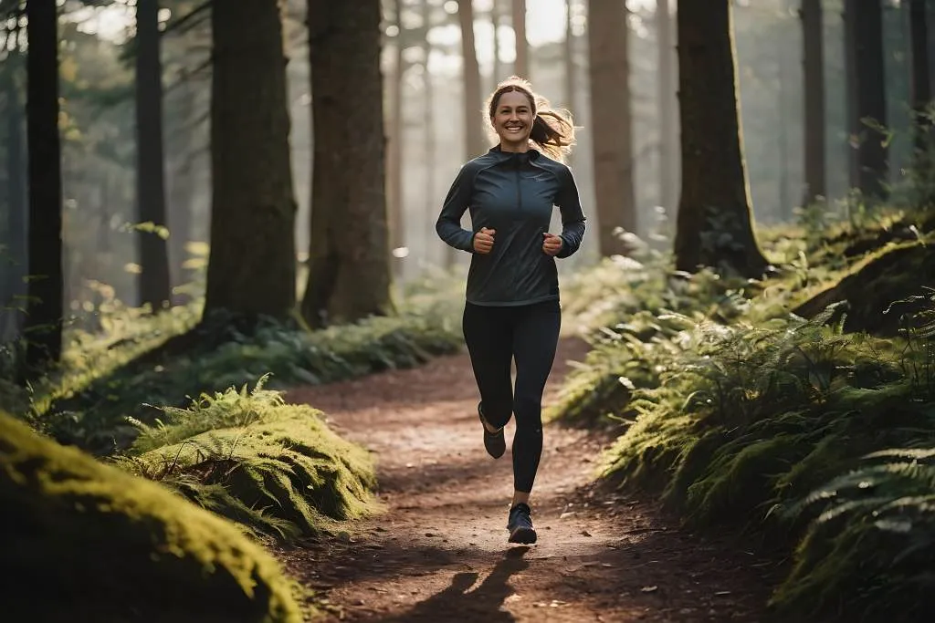 Eine Person joggt durch einen Waldweg, lächelt und interagiert mit anderen, was die positiven Auswirkungen von körperlicher Aktivität auf die mentale Gesundheit und die Einsamkeitsbekämpfung zeigt.