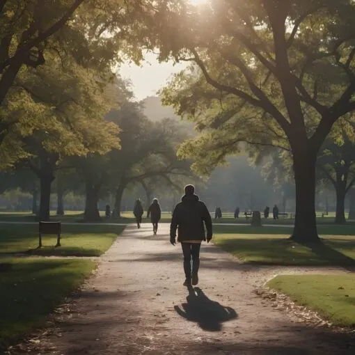 Eine Person spaziert durch einen Park und interagiert mit anderen Menschen, symbolisiert soziale Interaktion zur Überwindung von Einsamkeit.