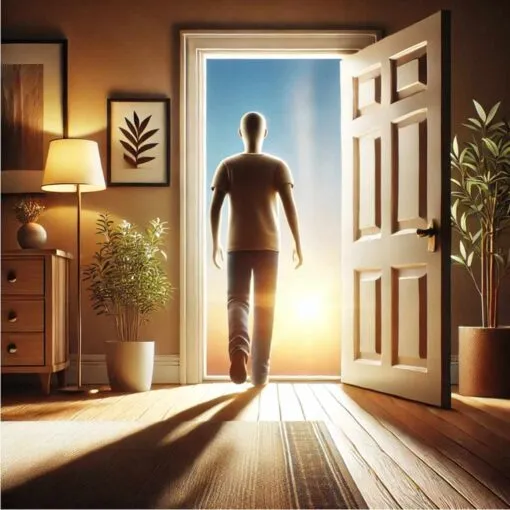 Eine Person verlässt eine gemütliche Wohnung, bereit, sich mit der Welt zu verbinden und Einsamkeit zu überwinden.