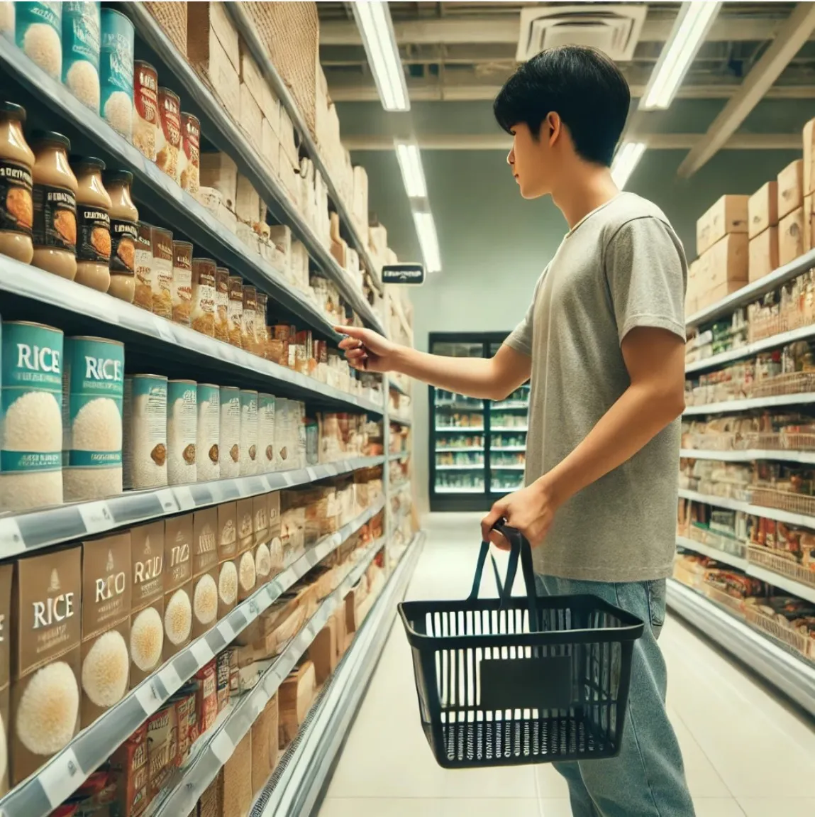 Eine Person in den 20ern, die im Supermarkt Regal nach haltbaren Lebensmitteln wie Reis, Pasta und Konserven schaut.