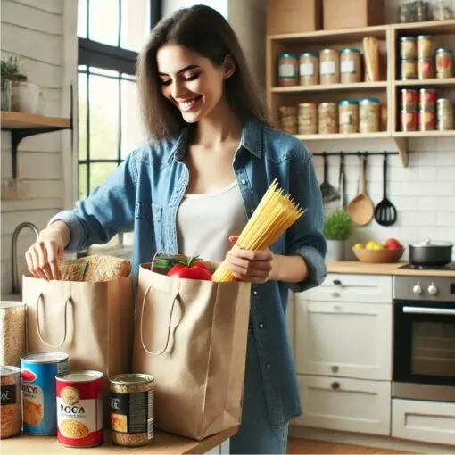 Eine junge Person in der Küche, die haltbare Lebensmittel wie Reis, Pasta und Konserven in einem modernen Vorratsschrank organisiert.