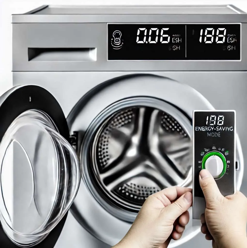 Eine Person lädt eine Waschmaschine und stellt den Energiesparmodus ein. Die Waschmaschine ist modern und energieeffizient, um den Stromverbrauch zu reduzieren.