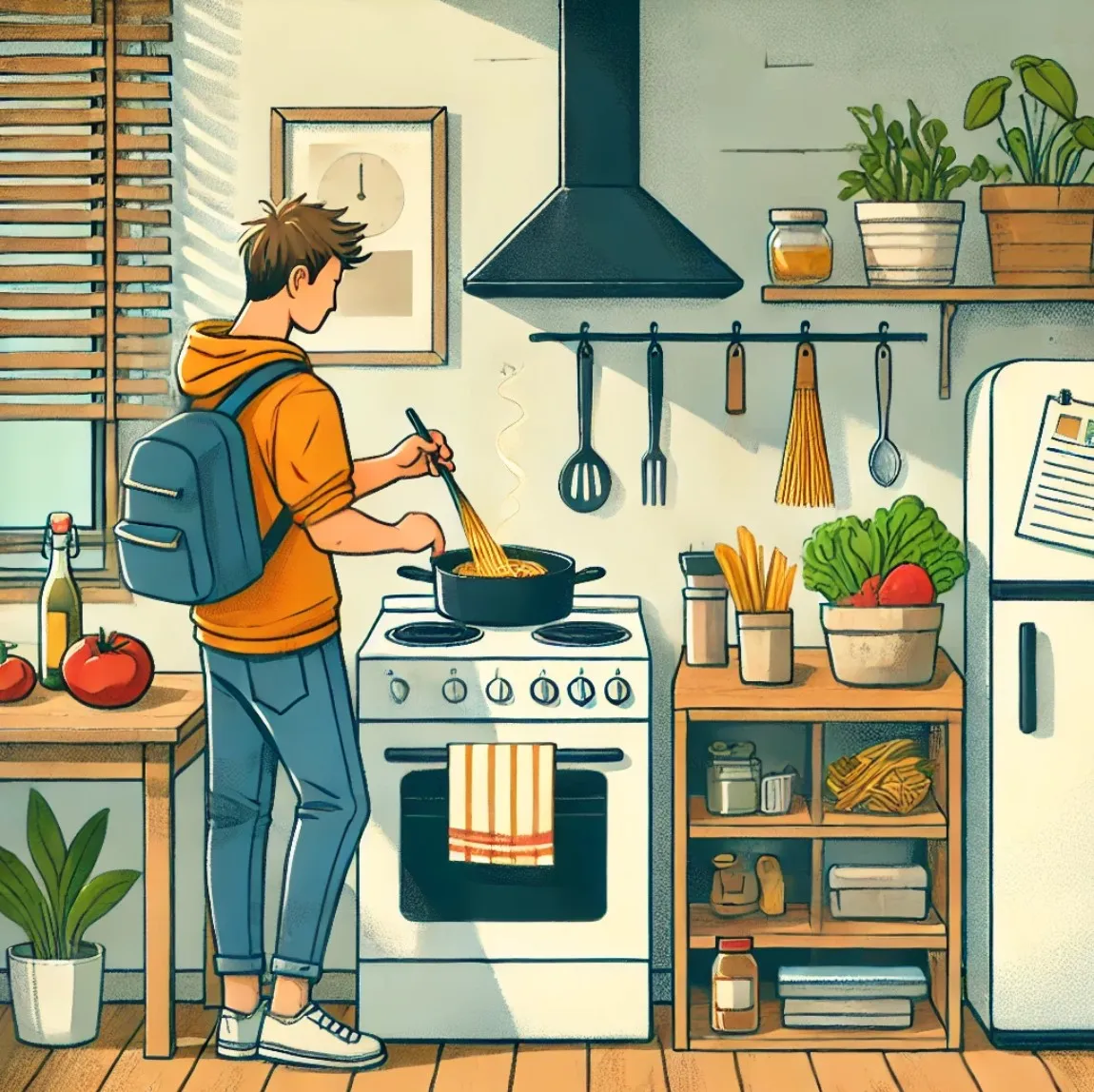 Ein Student, der eine einfache Mahlzeit in einer kleinen Küche mit preiswerten Zutaten wie Gemüse und Nudeln kocht.