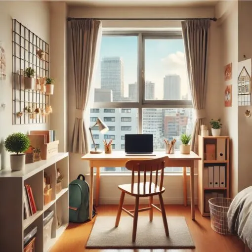 Eine gemütliche Studentenwohnung mit einem kleinen Schreibtisch und einem Bücherregal, einem Laptop auf dem Schreibtisch und einem Fenster mit Blick auf eine belebte Stadt.