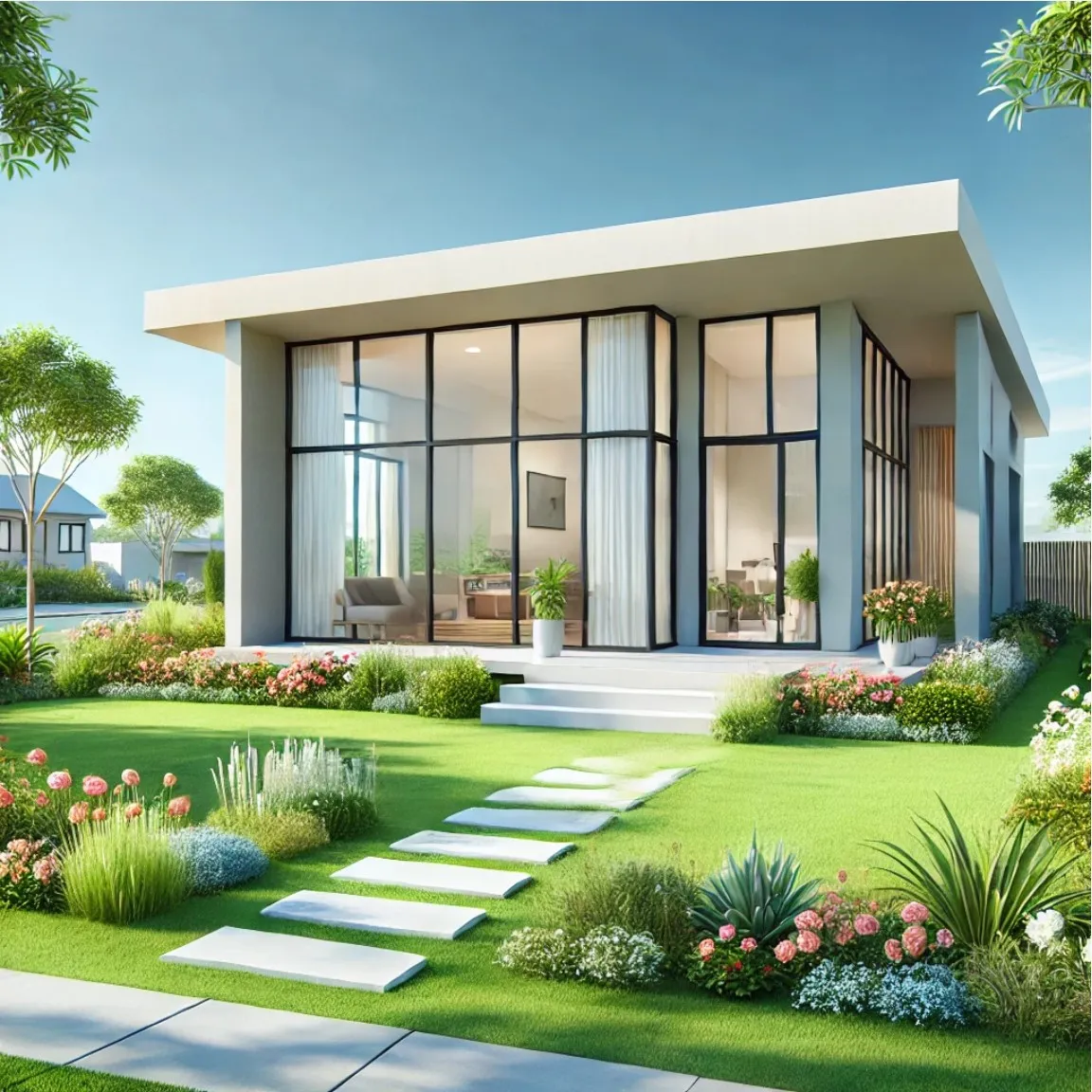 Ein minimalistisches, modernes Haus mit klaren Linien und großen Glasfenstern. Ein gepflegter Garten mit Blumen und Pflanzen umgibt das Haus.